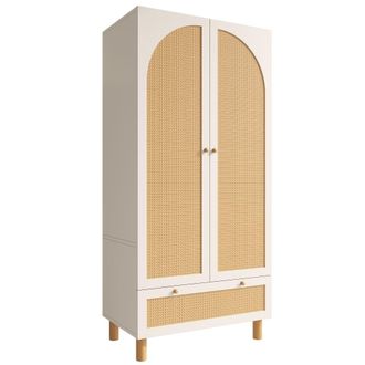 Urban Meuble Armario de madera blanca y rat&aacute;n natural con caj&oacute;n