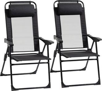 OUTSUNNY Set of 2 Metal Portable Folding Recliner w/ Adjustable Backrest - Black | TJ Hughes