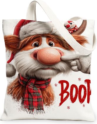 Generic Christmas Animal Canvas Tote Bags, Fun Holiday Design Reusable Grocery Bags, Lightweight Washable Shoulder Strap Canvas for, White, 13x15 Inch