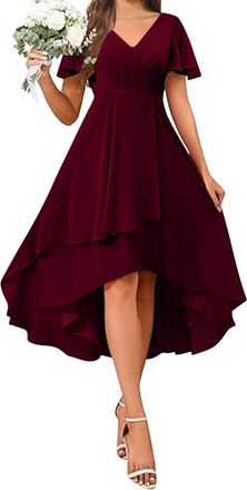Generic Evening Dresses for Women UK Chiffon Wedding Guest Prom Gowns Ruffle Irregular Flowy A Line Dresses Plain Short Sleeve V Neck Elegant Party Dress Swin