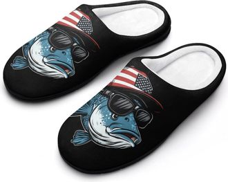 Generic Bass Fish USA Flag Womens Slippers Warm House Slippers Indoor House Shoes with Anti-Skid Rubber Sole
