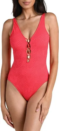 La Blanca Shellbound Plunge One-Piece Swimsuit in Guava at Nordstrom, Size 16