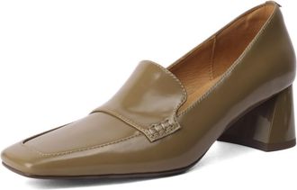 TinaCus Womens Square Toe Genuine Leather Handmade Chunky Heels Slip-on Casual Loafers Shoes, Khaki, 4.5 UK