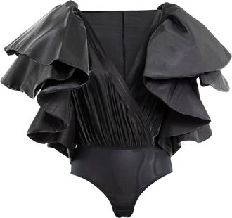 Saiid Kobeisy Deep V-Neck Ruffled Satin Bodysuit