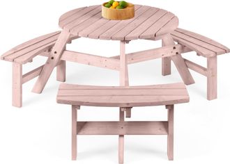 Best Choice Products 6-Person Circular Outdoor Wooden Picnic Table w/ 3 Built-In Benches, Umbrella Hole
