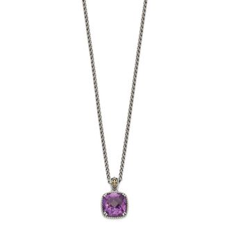 Diamond2Deal Sterling Silver with 14K Accent Cushion Checkerboard Amethyst Pendant Necklace