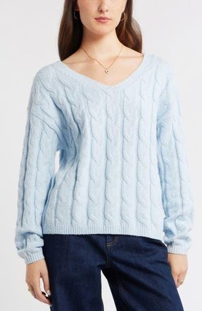 BP. Cable Knit V-Neck Cotton Blend Sweater in Blue Skyride at Nordstrom, Size Xx-Small