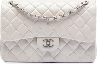 Chanel White Jumbo Classic Iridescent Caviar Double Flap