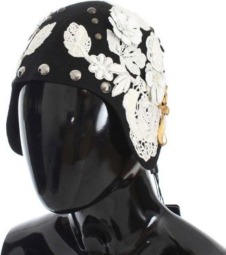 Dolce & Gabbana Womens Black Wool White Floral Gold Leaf Hat