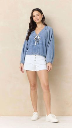 Vintage Havana Will You Washed Denim Tencel Blouse In Blue