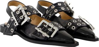 Ganni Womens Buckle-Embellished Leather Flat Black Plastic