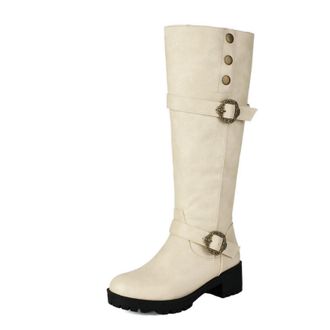 Generic Womens Block Heel Platform Boots with Buckle PU Leather Long Boots Round Toe Knee High Boot with Side Zipper,Beige,6.5 UK