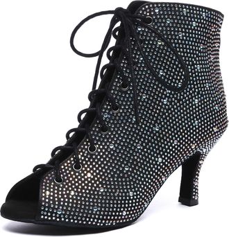 Minitoo Dance Heels for Women Sexy Boots Lace up Latin Ballroom Evening Sandal Booties L606 Black 7.5cm Heel UK 7.5