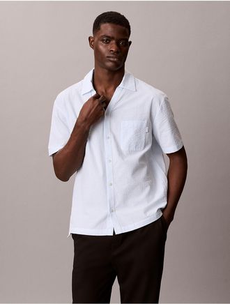 Calvin Klein Mens Seersucker Relaxed Sleep Button-Down Shirt - Blue - XL
