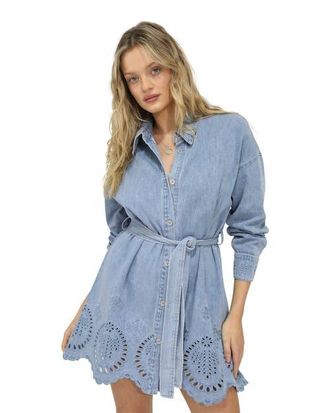 Belle & Bloom Sunday Somewhere Denim Broderie Mini Shirt Dress in Blue at Nordstrom, Size X-Small Au