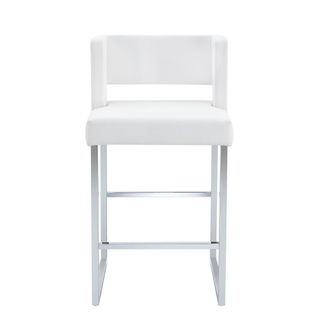 STILVORA Lote De 2 Taburetes De Bar, Asiento Cuadrado Acolchado Y Patas Geom&eacute;tricas, Metal Y Piel Sint&eacute;tica, Blanco Y Plata