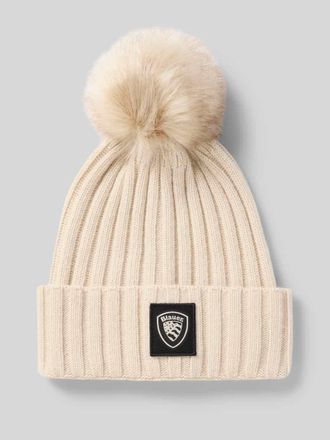 Blauer Strickmütze mit Bommel und Label-Detail Modell LIFE in Beige, Größe 1