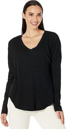 Mod-o-doc Mododoc Top Womens Black Slub Jersey Long Sleeve V-Neck Tunic DDR314