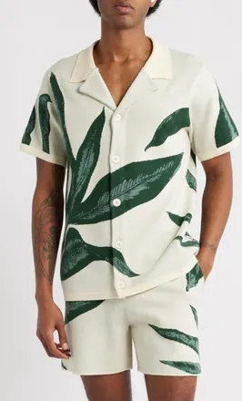 MAVRANS Jungle Jacquard Short Sleeve Knit Button-Up Shirt in Beige at Nordstrom, Size Medium