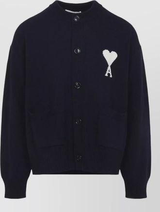 Ami wool cotton ribbed crewneck cardigan