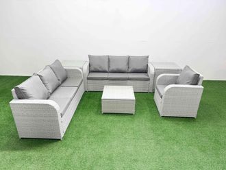 Fimous 7 Seater Poly Rattan Outdoor Garden Furniture Square Coffee Table Sofa Set Patio 3 Seater Sofa Reclining Chair 3 Seater Sofa 2 Side Table