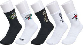 Ed Hardy Flower Heart Print Half Cushion Mid Crew Sock 5-Pack in White Multi at Nordstrom