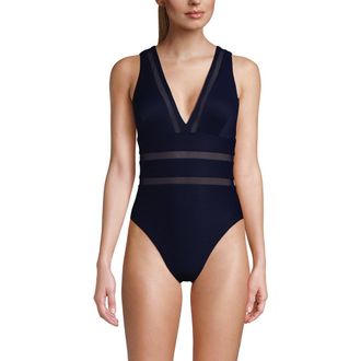 Lands End Mesh Plunge High Leg One Piece Swimsuit in Blue Multi Abstract Floral at Nordstrom, Size 12