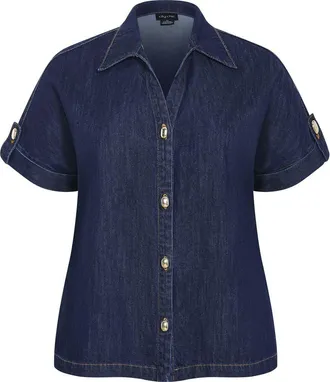 City Chic Tilly Cotton Denim Shirt in Dark Denim at Nordstrom, Size 14W