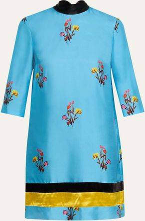 Marni Floral Twill Mock-Neck 3/4-Sleeve Dress