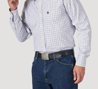 Wrangler Button Down Long Sleeve Shirt In White/lavendar/gray