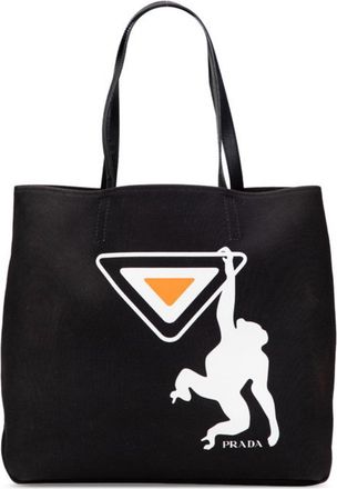 Prada Black Orange White Canvas Leather Tote Bag (Pre-Owned)