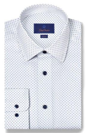 David Donahue Slim Fit Neat Stretch Cotton Dress Shirt in White/Navy at Nordstrom Rack, Size 15 - 32/33