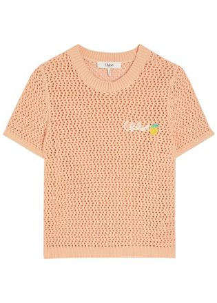 Chlo&eacute; Logo-intarsia Open-knit Cotton T-shirt - Orange Light - S (UK8-10 / S)