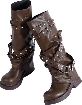 Generic Punk Women Boots Platform Trouser Legs High Boots Trend Punk Gothic Shoes Rock Leather Fashion Womens Shoes Motorcycle Footwear(Brown,6.5US)