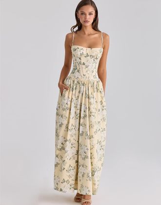 House of CB Rona - Vestito lungo in cotone color limone a fiori-Giallo