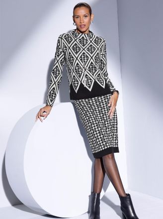 Cr&eacute;ation L Stehkragenpullover CREATION L Jacquard-Pullover, Damen, Gr. 36, beige (schwarz, ecru, gemustert), 70% Polyacryl, 30% Schurwolle, gemustert, Pullover S