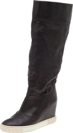 Casadei Brown Leather Wedge Mid Calf Boots