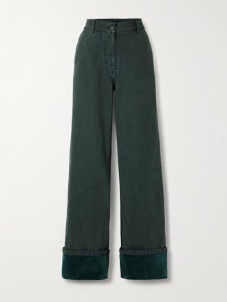 Dries Van Noten Jeans A Gamba Larga E Vita Media Con Finiture In Velluto - Verde