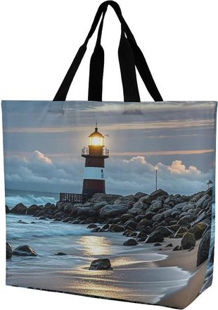 Generic YHNNH Fashionable Reusable Womens Shoulder Tote Bag Sea Lighthouse Printed with Unique Heat Transfer Print, Eco-Friendly Durable Polyester for Grocery