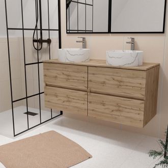 Aurlane Aurlane - Mueble Ba&ntilde;o 120cm Roble 4 Cajones + 2 Lavabos Blancos &Oslash;36cm Efecto M&aacute;rmol