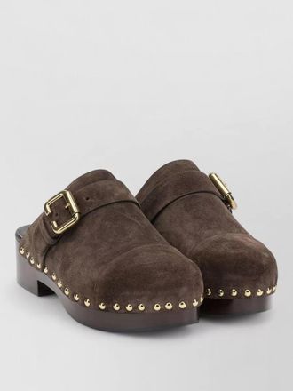 Chlo&eacute; jeannette suede mules buckle studs wooden sole