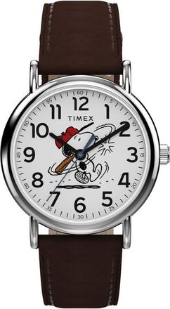 Timex Peanuts x Timex Weekender Baseball 38mm Fabric Strap Watch in Brown/Silver-Tone at Nordstrom