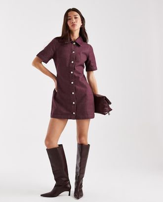 Asos Vestito corto color prugna in denim con bottoni-Rosso