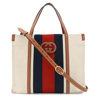 Gucci Brown Green Navy Red Color Canvas Shoulder Bag Tote Bag (Pre-Owned)
