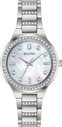 Bulova Crystal Mother-of-Pearl Dial Bracelet Watch, 32mm in Silver at Nordstrom Rack