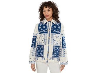Avec Les Filles Quilted Barn Jacket Womens Jacket White/Blue : MD, Cotton