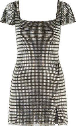 Self Portrait Grey Rhinestone Flutter-Sleeve Mini Dress
