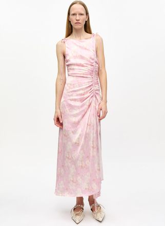 Ganni Primrose Pink Printed Satin Gathered Dress Size 12 Elastane/Viscose Womens