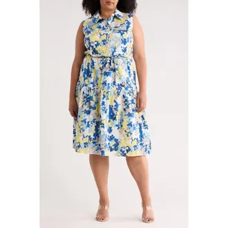 Calvin Klein Floral Cap Sleeve A-Line Midi Dress in Pear Multi at Nordstrom Rack, Size 14W