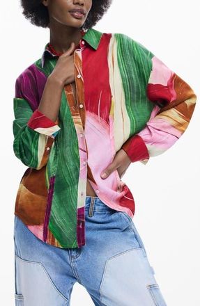 Desigual Abstract Print Button-Up Shirt in Green Multi at Nordstrom, Size X-Large